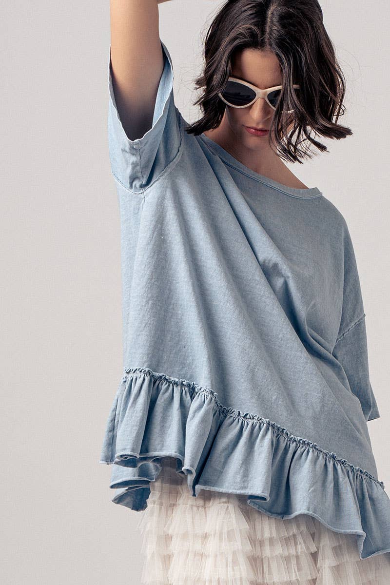 Casual Drop Shoulder Ruffle Hem Exposed Stitch Crew Neck Top