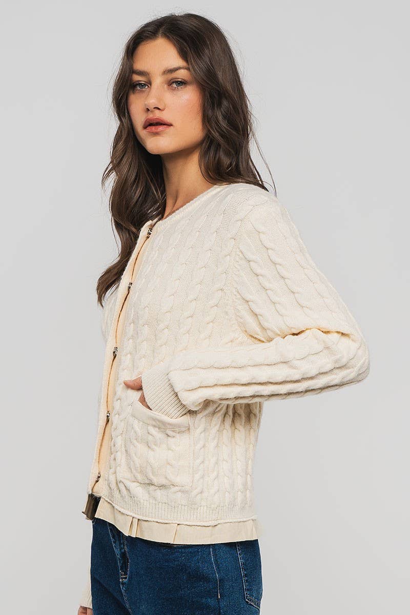 Urban Daizy Cable Knit Snap Front Ribbed Trim Long Sleeve Sweater Ivory Cardigan - Women's (UDZ-KN-00628) – alternate view 20