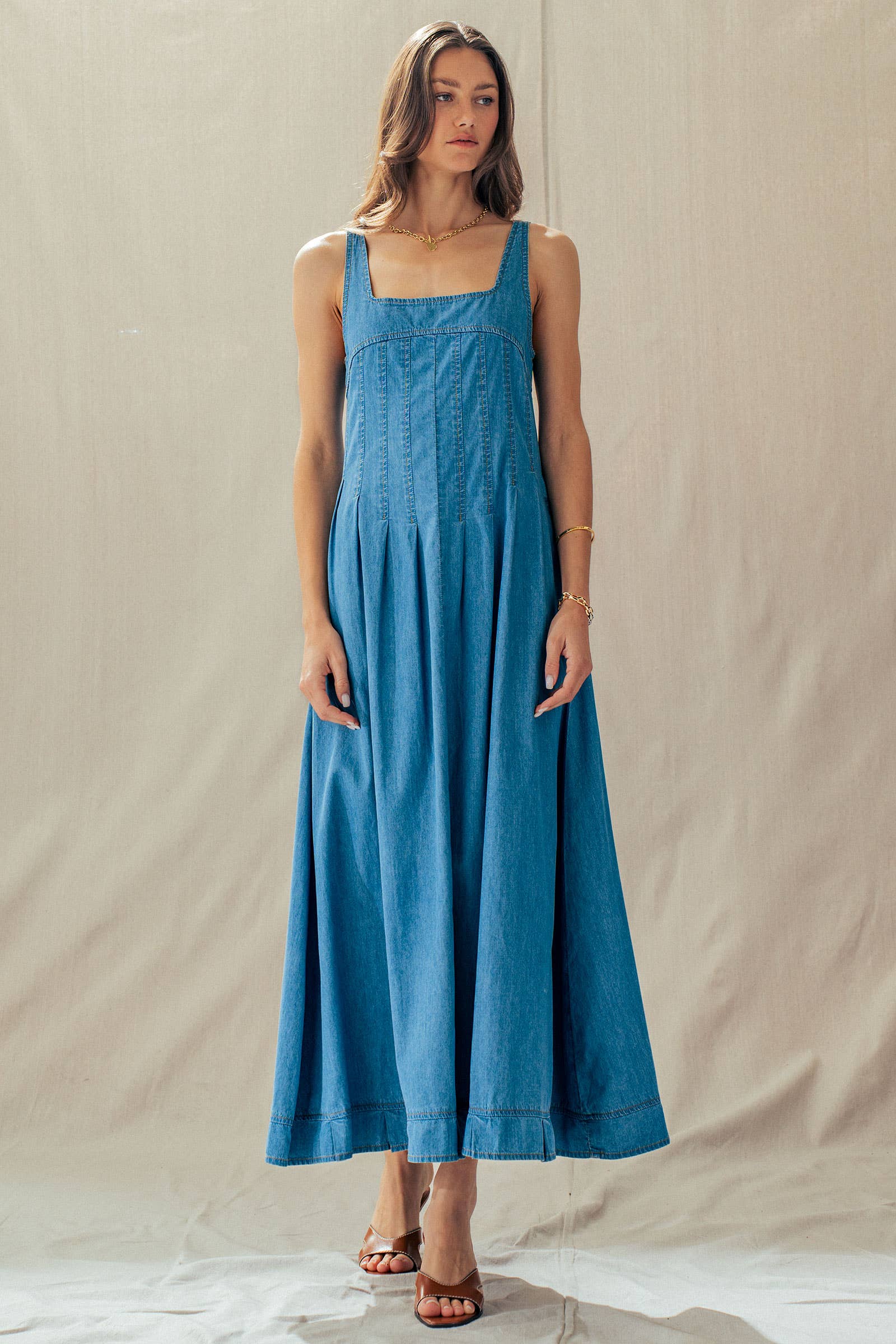 Smocked Back Denim Maxi Dress