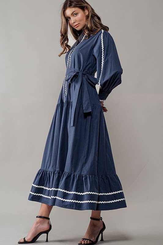 Urban Daizy Scalloped Tiered Cotton Button Down Belted Midi Dress Navy Dress - Women's (UDZ-DR-00311) – alternate view 8