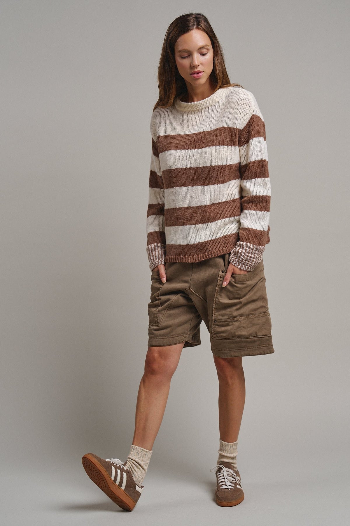 Striped Oversized Chunky Knit Sweater in BROWN - Women's Sweaters | Urban Daizy