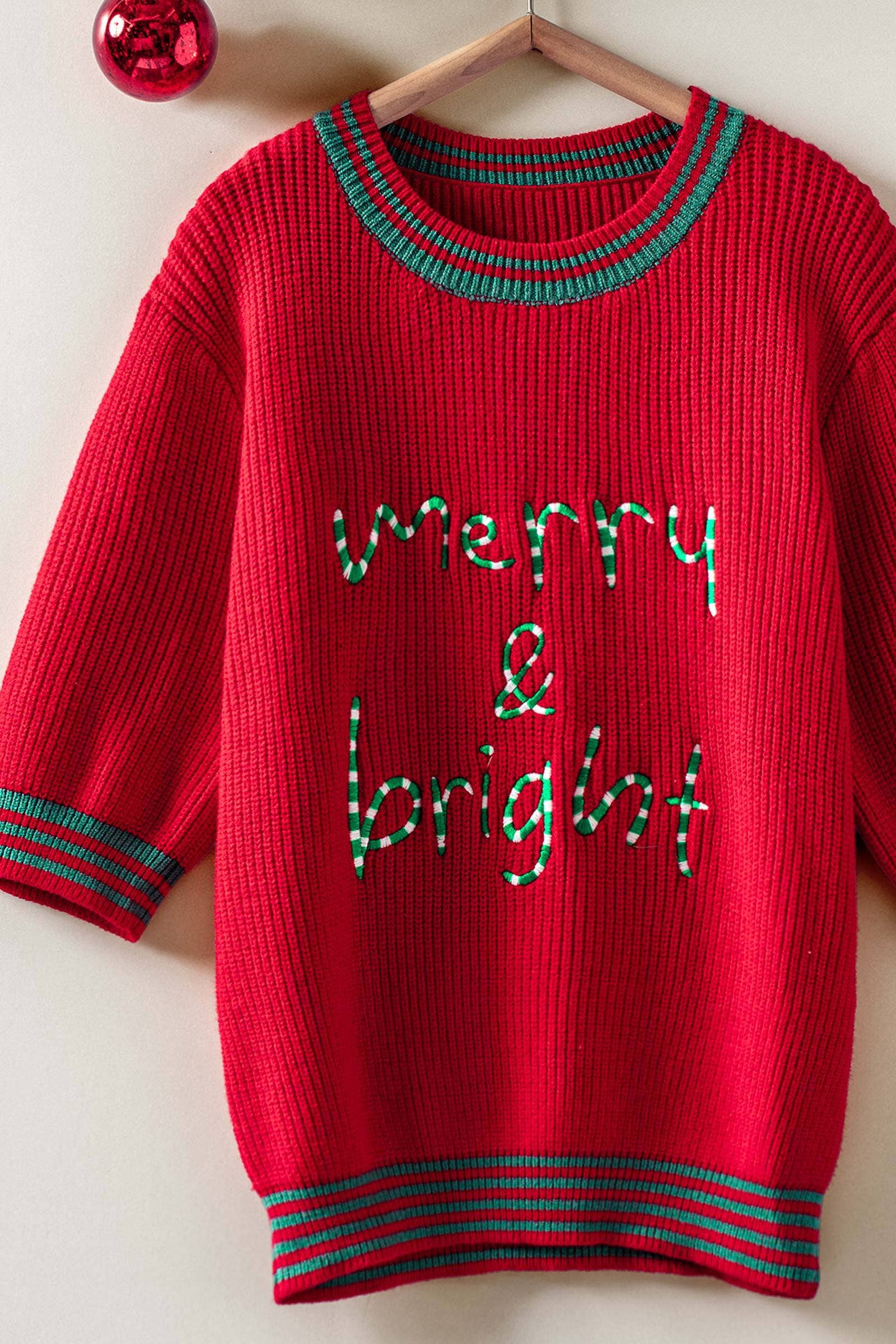 "Merry & Bright" Graphic Sweater with Striped Trim
