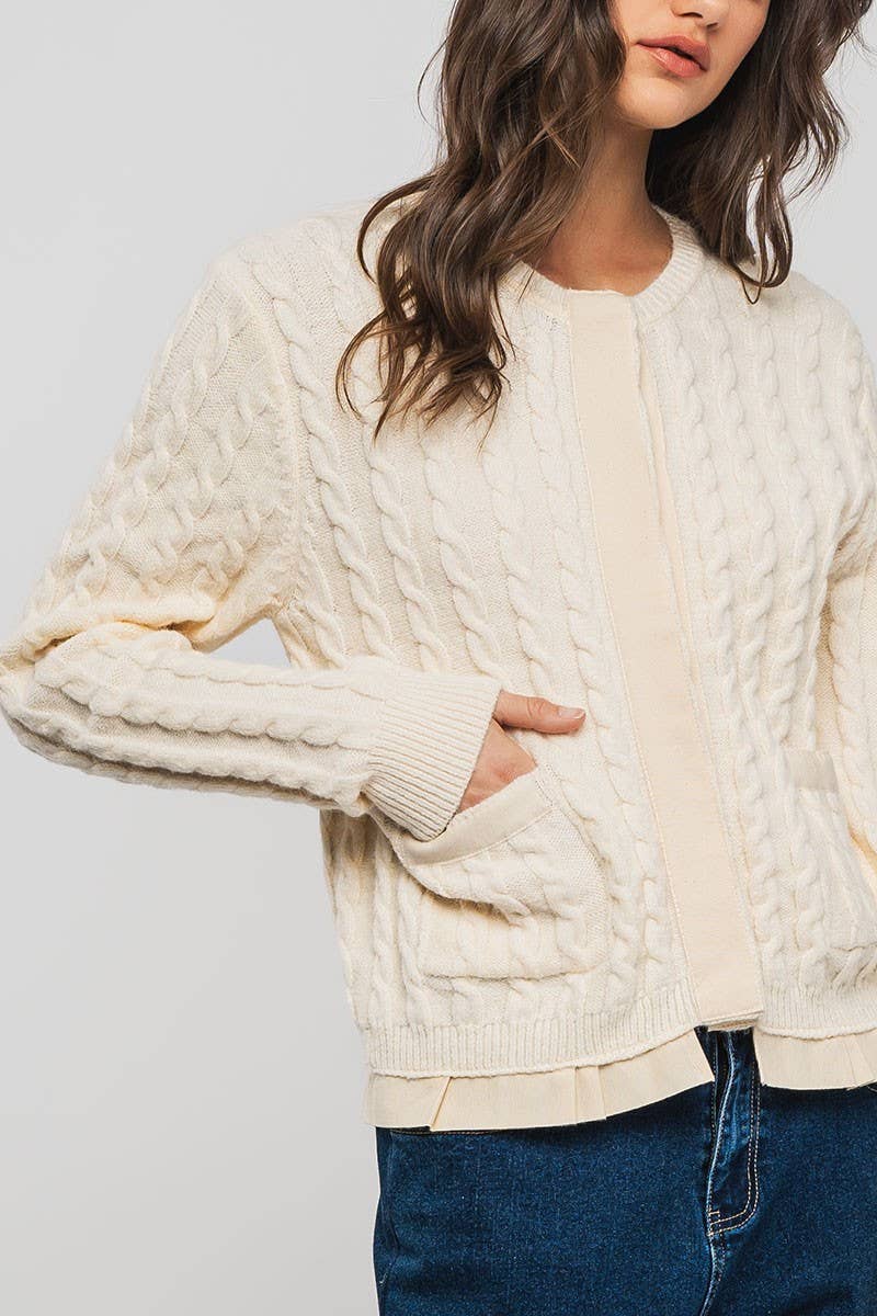 Urban Daizy Cable Knit Snap Front Ribbed Trim Long Sleeve Sweater Ivory Cardigan - Women's (UDZ-KN-00628) – alternate view 21
