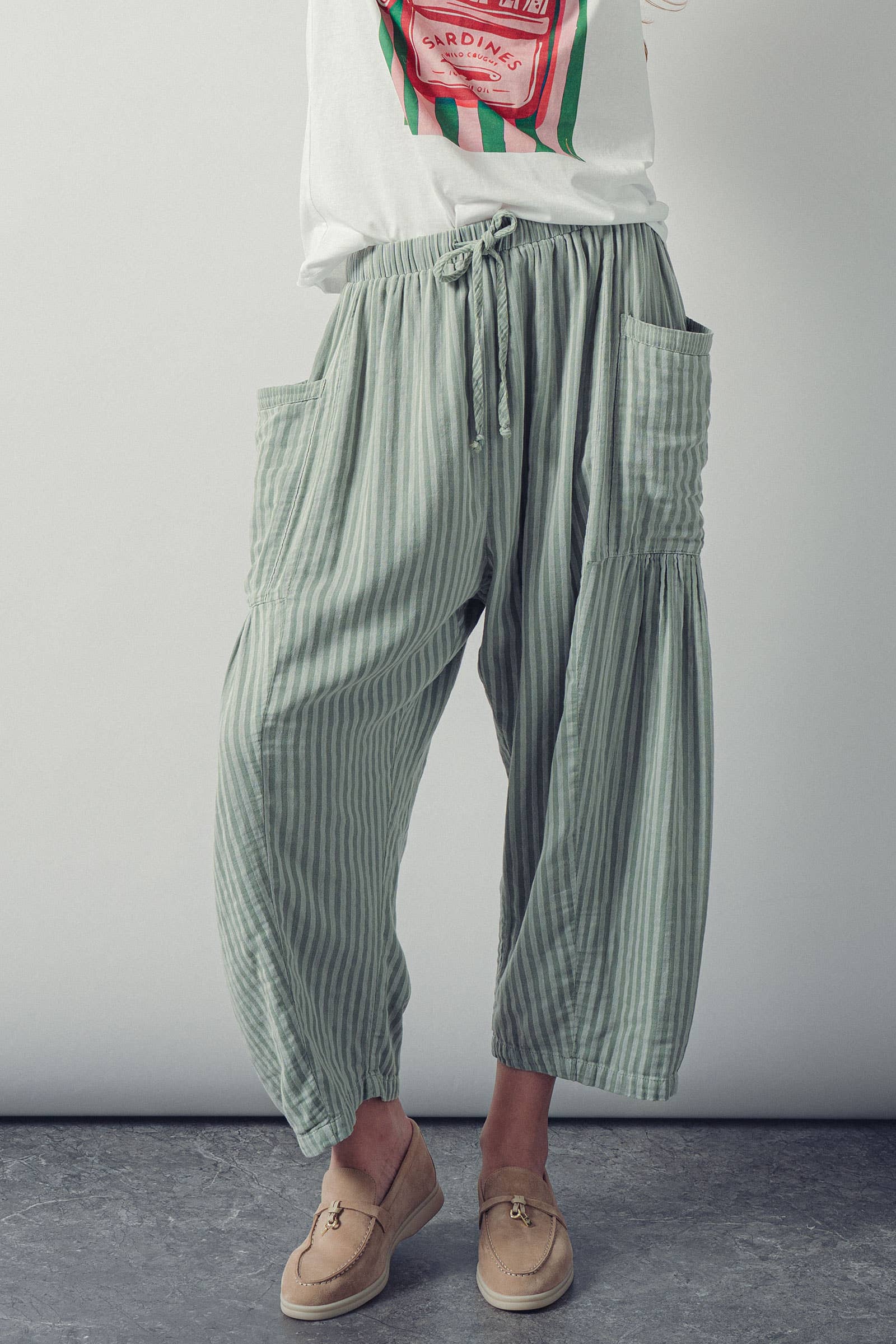 Striped Cotton Drawstring Harem Pants