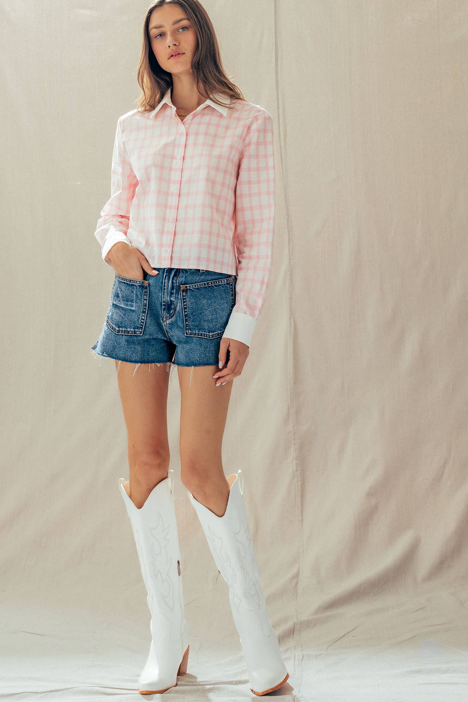 Contrast Collar Plaid Button Front Shirt