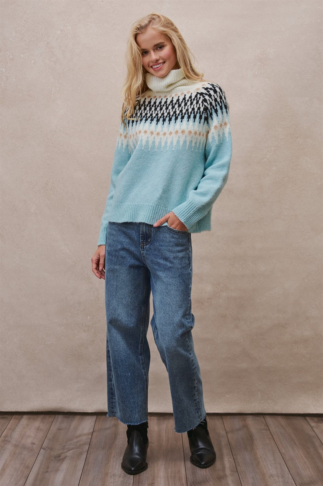 Icelandic Yoke Turtleneck Sweater in PASTEL BLUE - Women's Sweaters | Urban Daizy