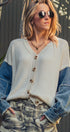 Urban Daizy Mixed Media Flag Denim Sleeve Cardigan Ivory Cardigan - Women's (UDZ-KN-01043) – alternate view 3