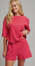 Ribbed Knit Boxy Tee and Shorts Lounge Set in RED WHITE - Women's Short Sets | Urban Daizy