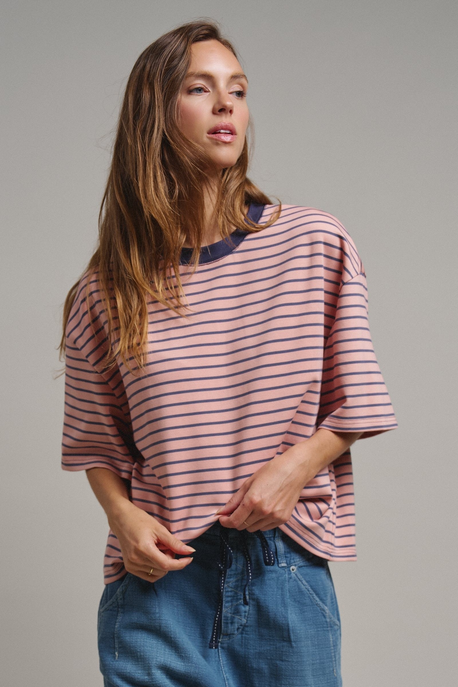 Oversized Striped Contrast Neck Boxy Tee