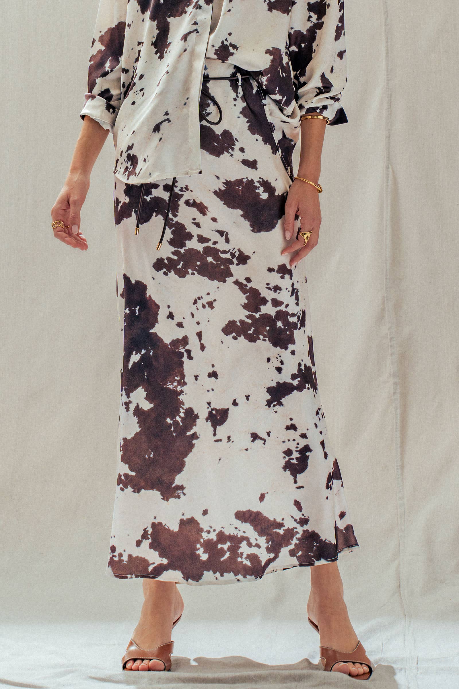 Urban Daizy Cowhide Print Satin Drawstring Midi Skirt Animal-Print Skirt - Women's (UDSK0074) – alternate view 2