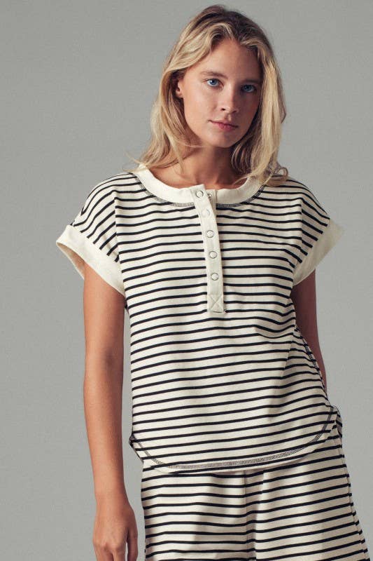 Striped Henley Button-Up Western Top