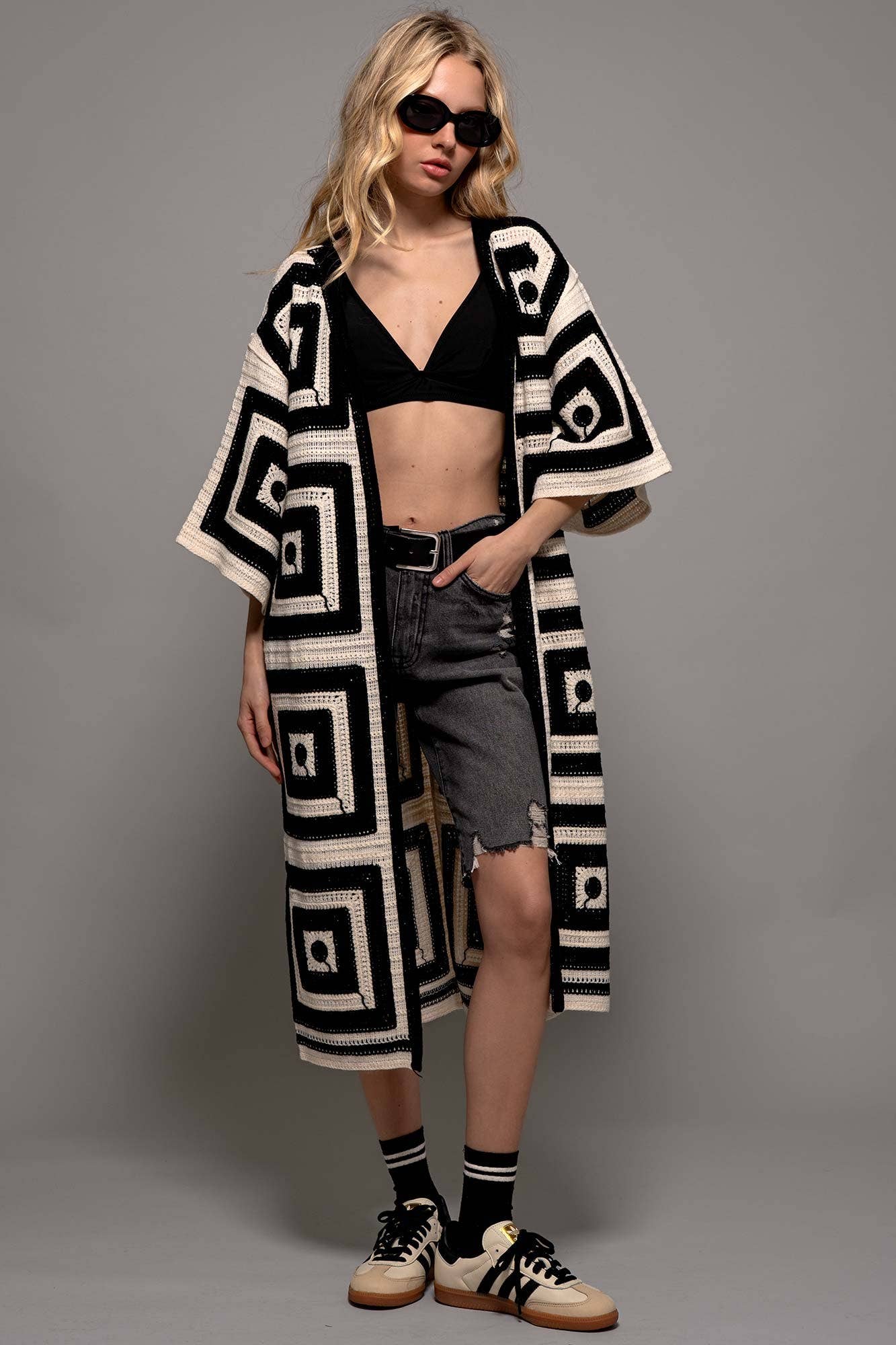 Urban Daizy Geometric Crochet Midi Length Open Front Cardigan Black Cardigan - Women's (UDZ-KN-00277) – alternate view 7