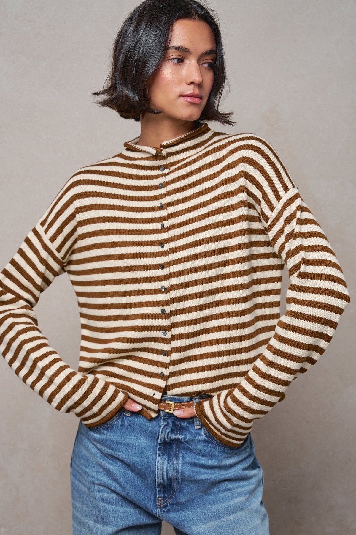 Striped Polo Collar Button Sweater with Rolled Edges in IVORY BROWN - Women's Cardigans & Shrugs | Urban Daizy