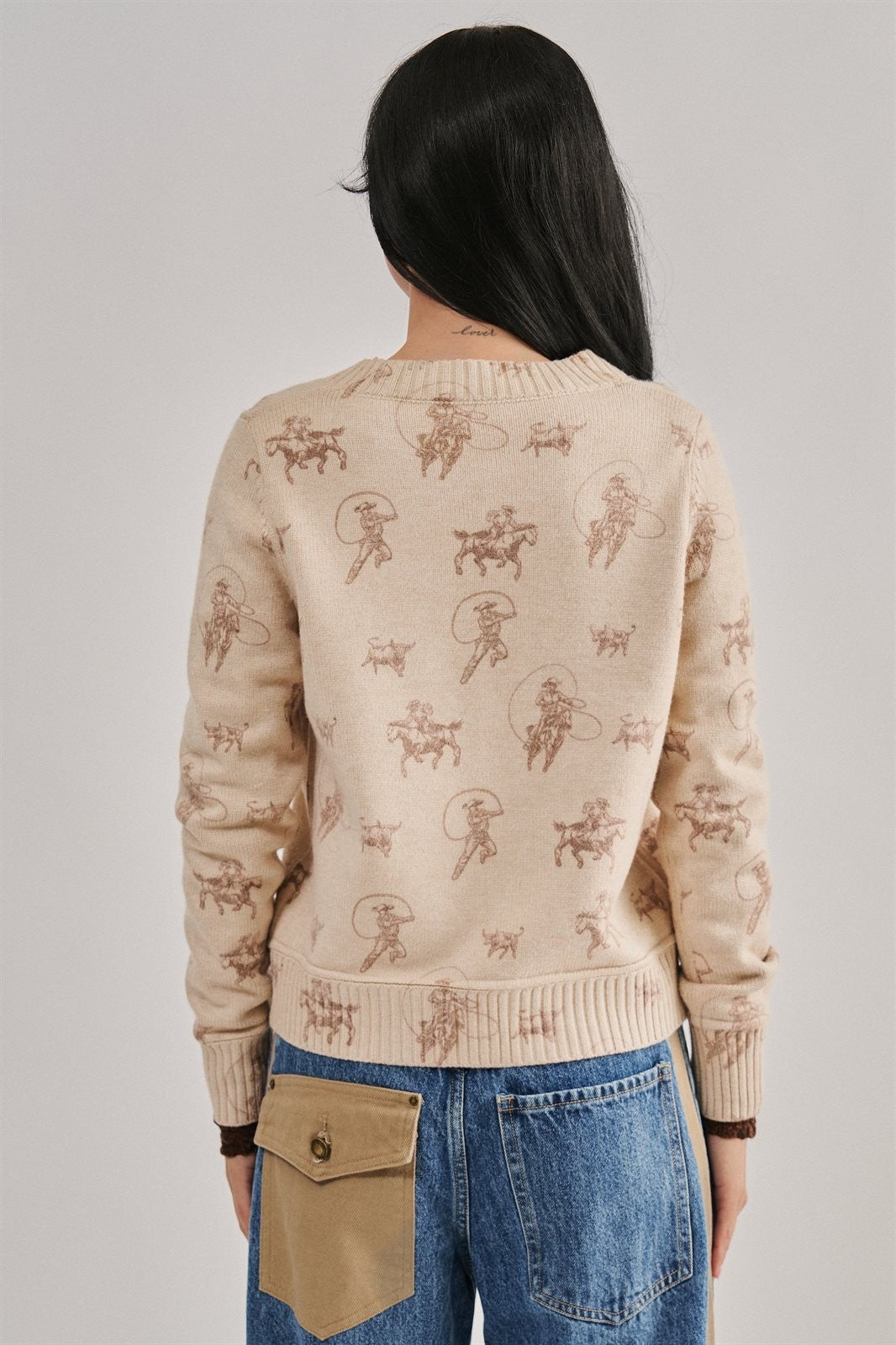 Western Cowboy Print Button Front Cardigan Sweater in KHAKI - Women's Cardigans & Shrugs | Urban Daizy