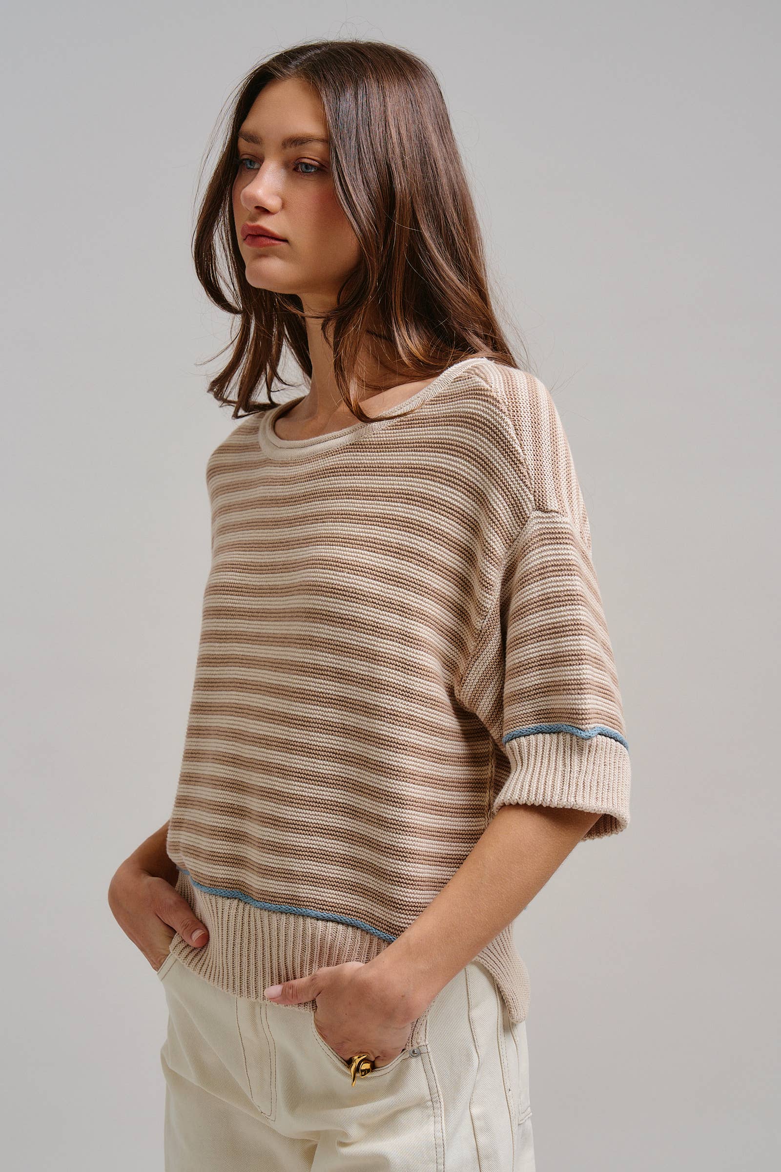 Yellow Striped Contrast Trim Sweater Tee