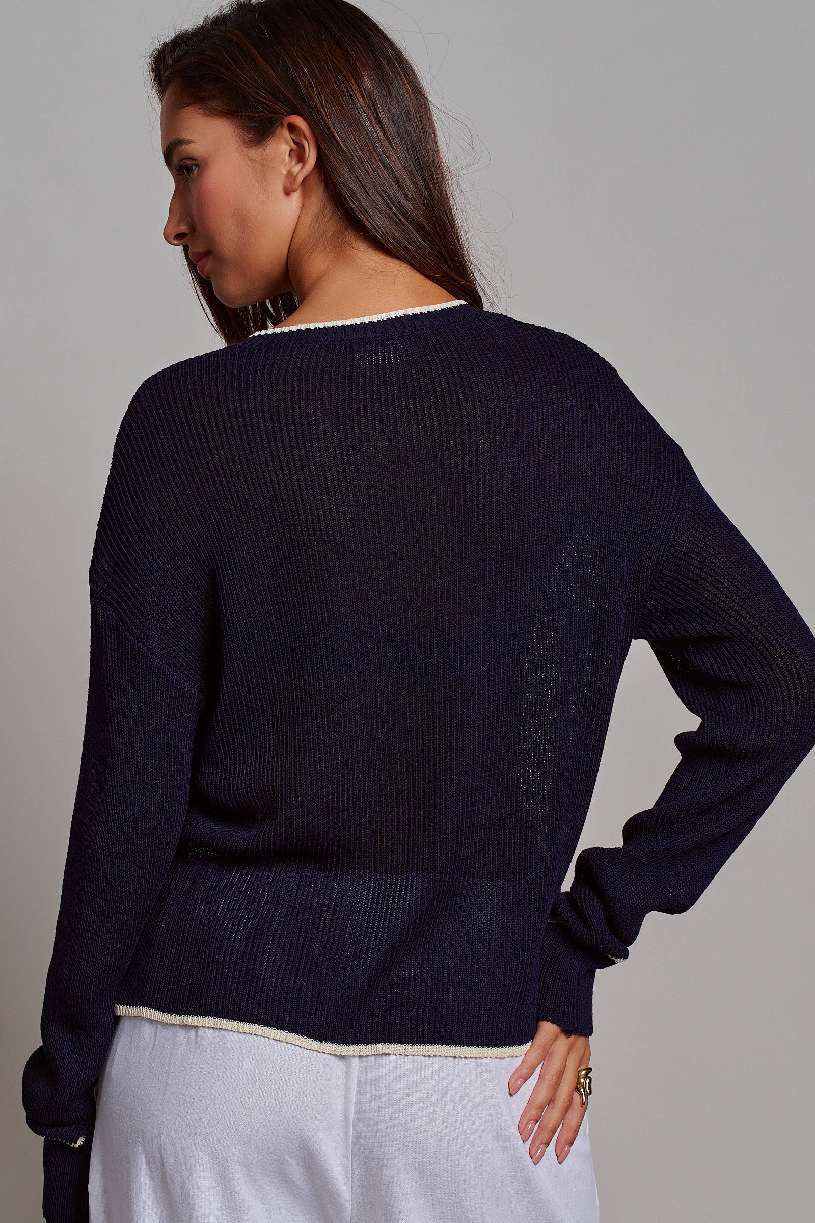 Nautical Anchor V-Neck Knit Top Contrast Trim