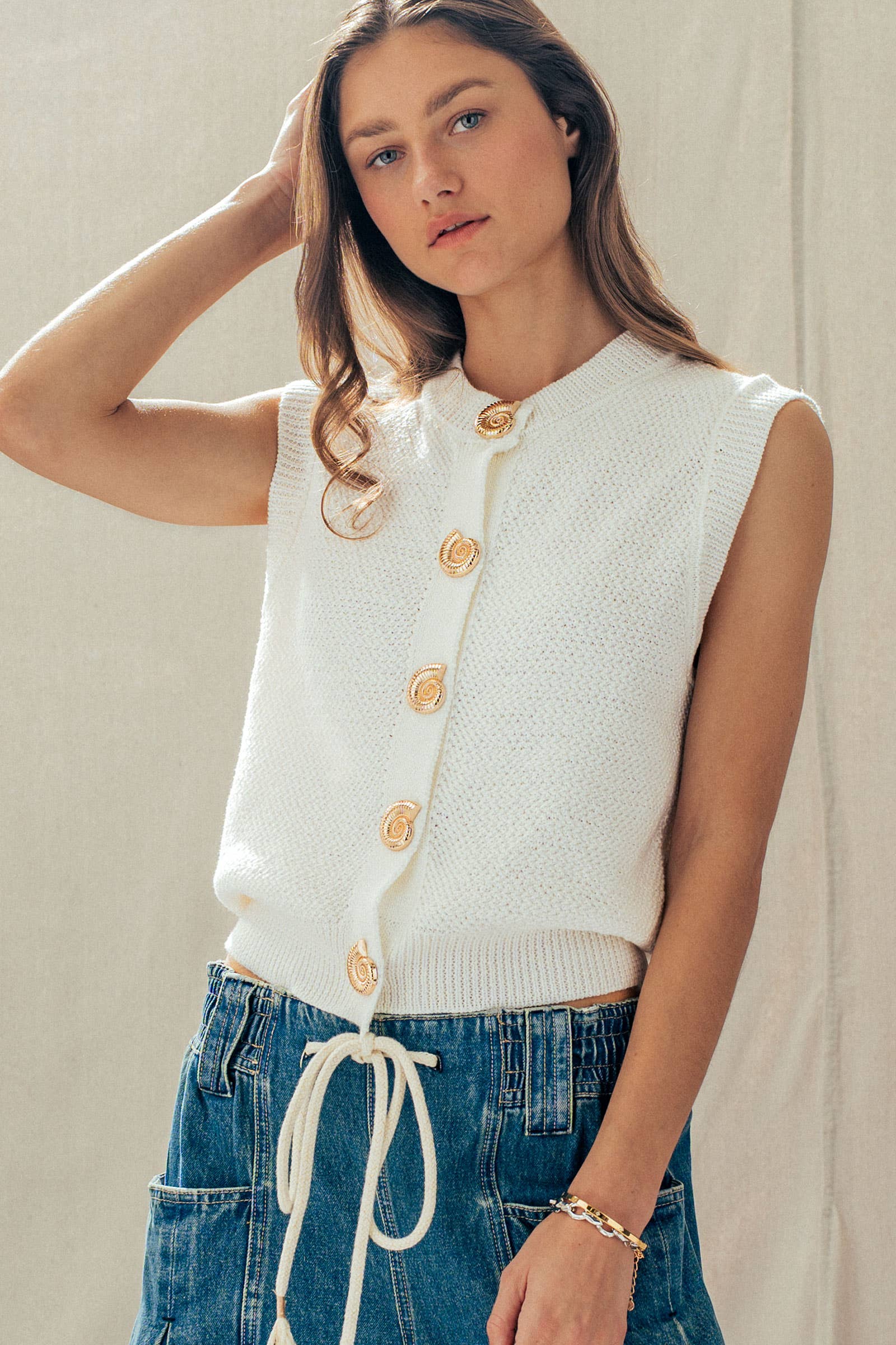 Urban Daizy Textured Knit Vest Seashell Buttons Blue Sweater Vest - Women's (UDZ-KN-01049) – alternate view 25