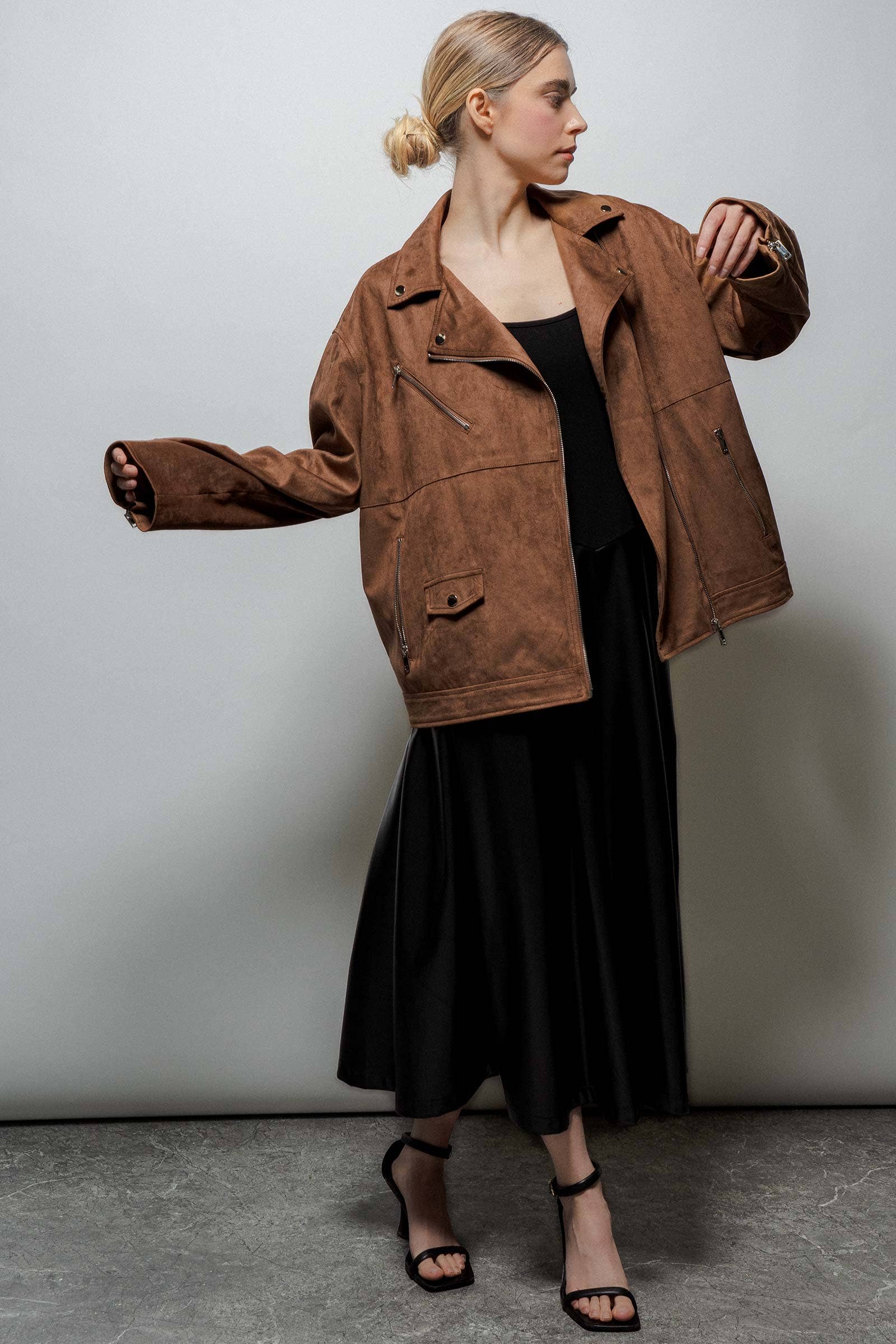 Faux Leather Contrast A-Line Midi Dress