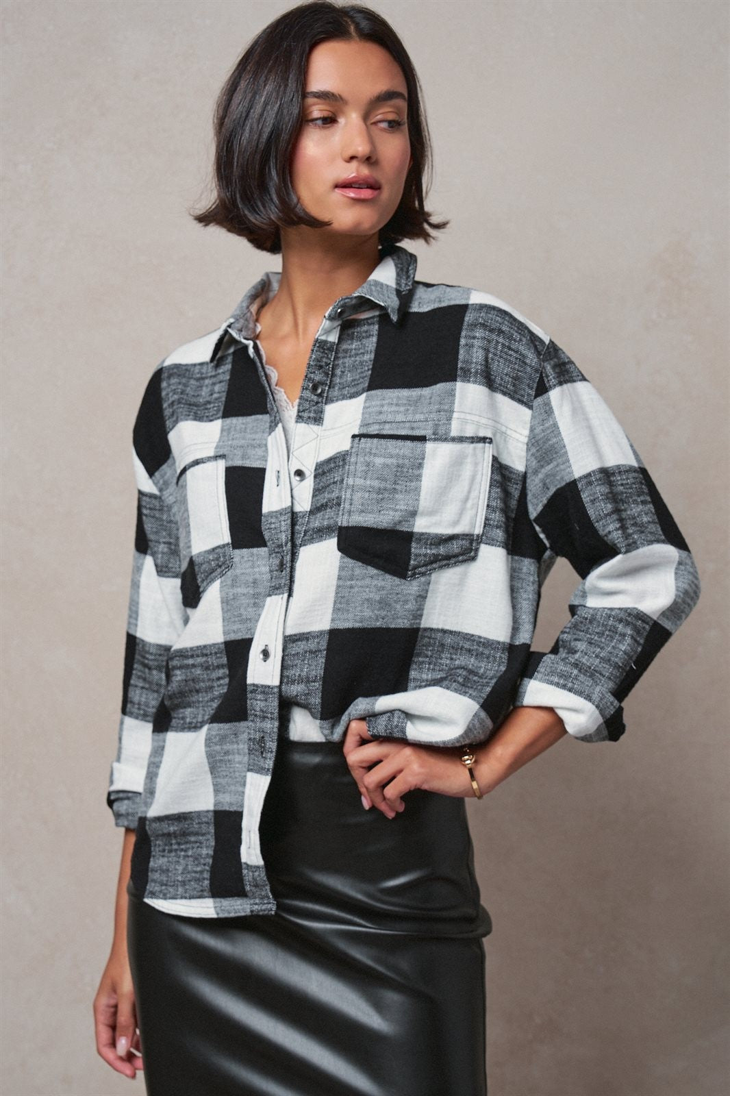 Buffalo Plaid Flannel Shirt Button Up Western Boho Top in BLACK - Women's Shirts & Blouses | Urban Daizy
