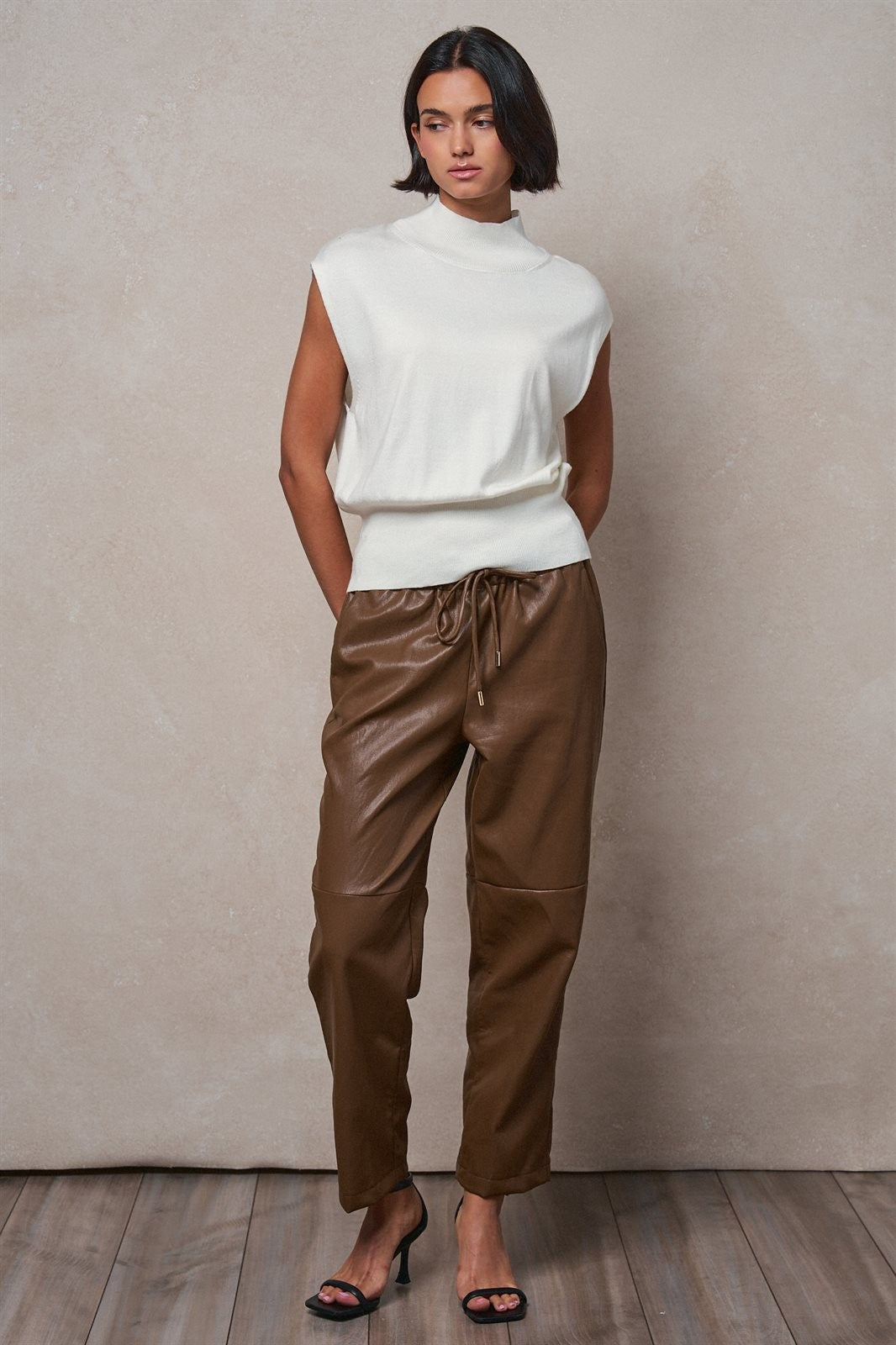 Faux Leather Drawstring Jogger Pants in BROWN - Women's Casual Pants | Urban Daizy
