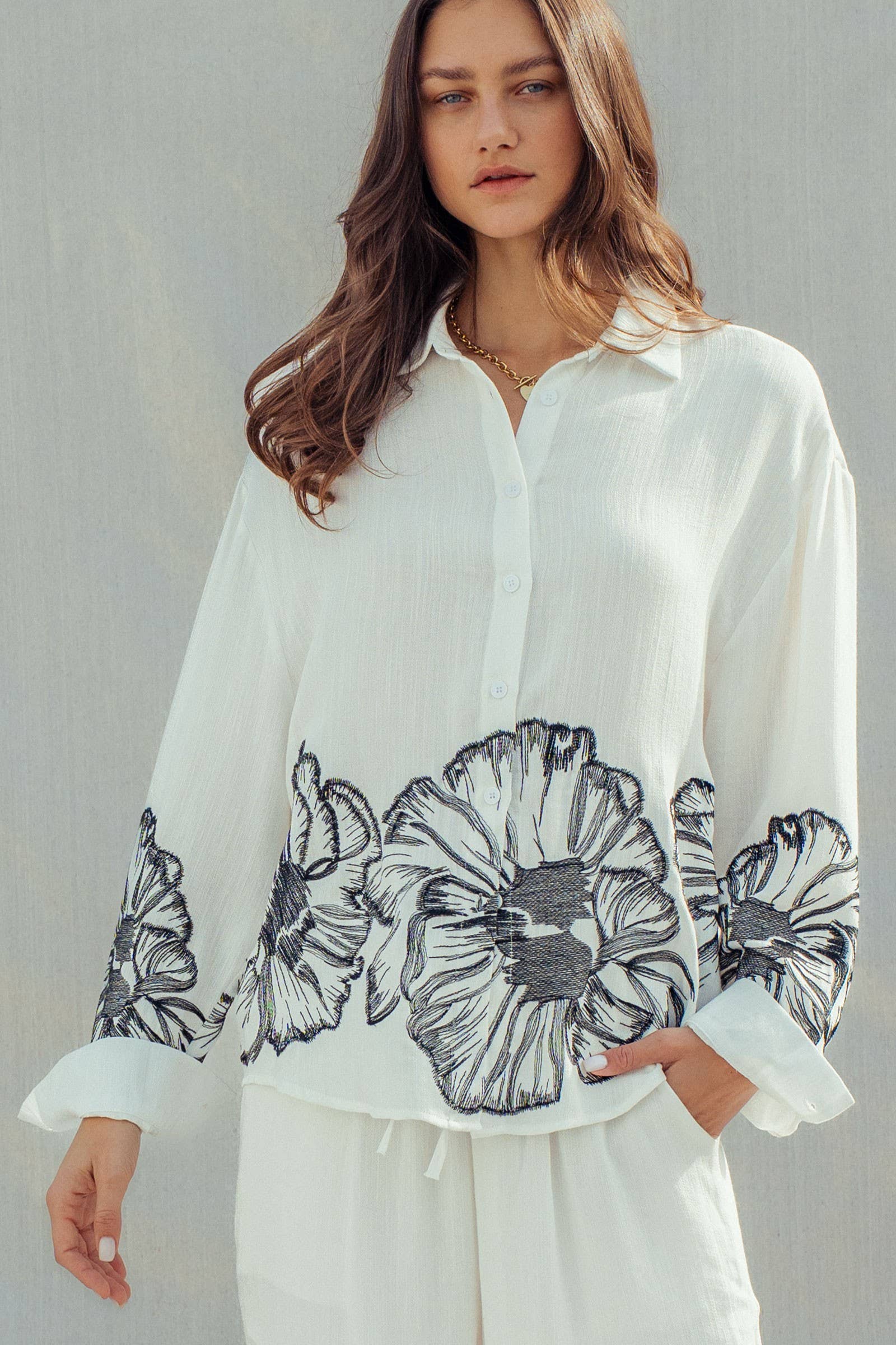 Floral Embroidered Oversized Button Down Shirt