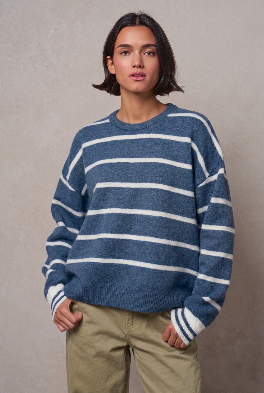 Fuzzy Stripe Crewneck Pullover Sweater