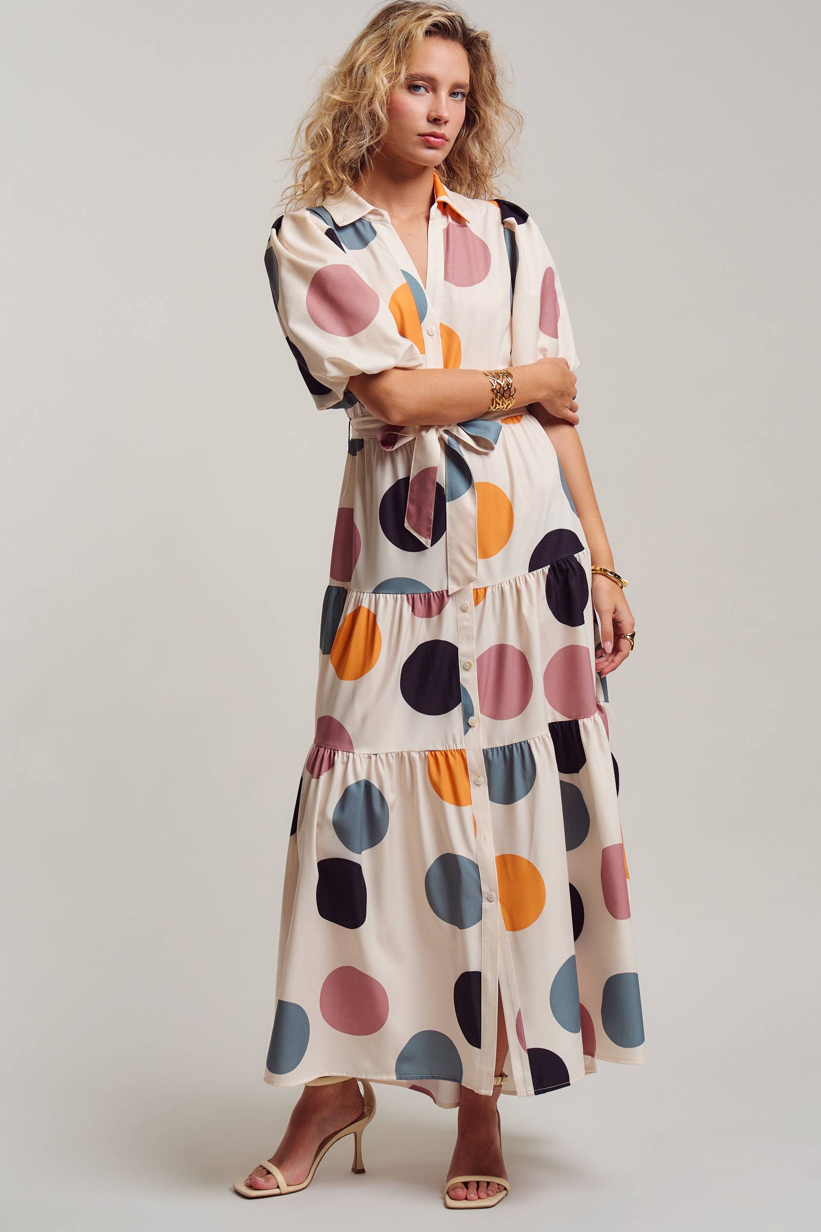 Urban Daizy Retro Polka Dot Puff Sleeve Tiered Maxi Shirt Dress Cream Dress - Women's (TNDR1630-Cream) – alternate view 4