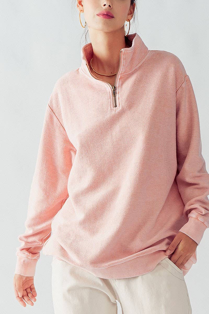 Urban Daizy Vintage Washed Quarter Zip Ribbed Sweatshirt Charcoal Sweatshirt - Women's (UDZ-KN-00255) – alternate view 38