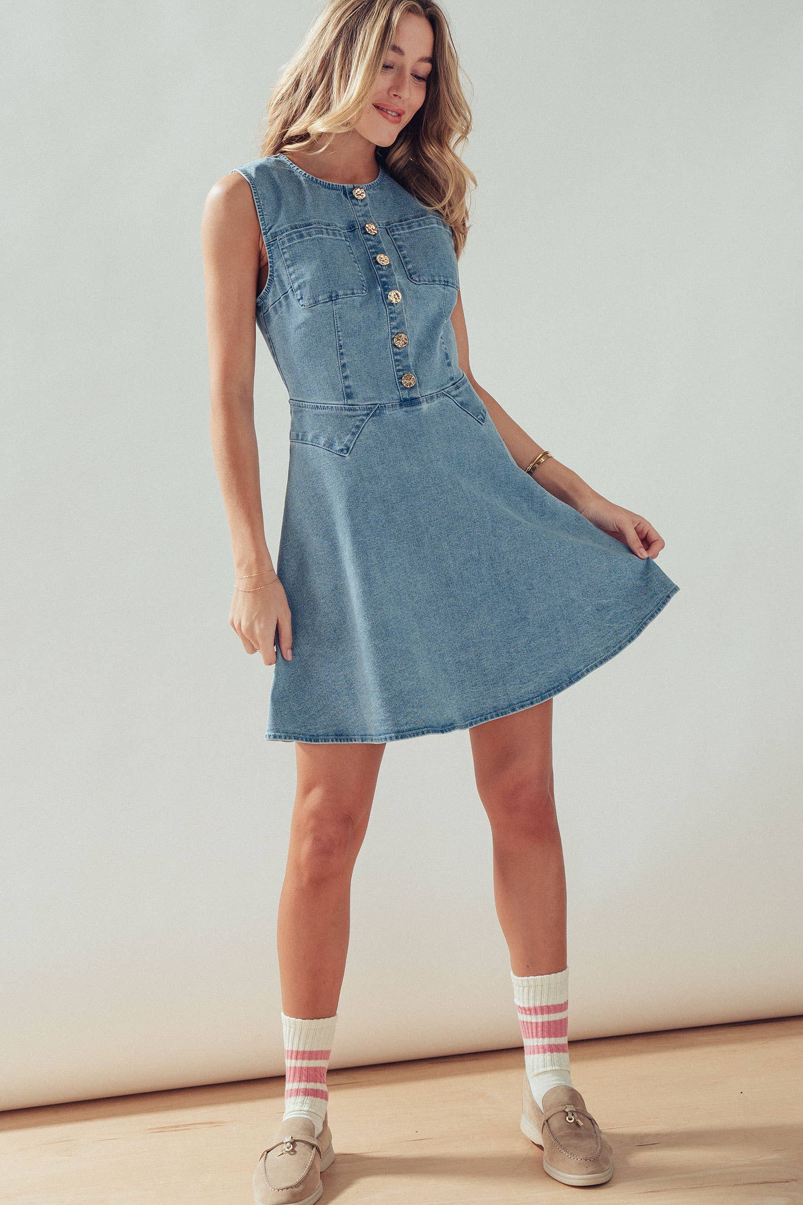 Urban Daizy Button Front Sleeveless Stretch Denim Mini Dress Lt-Pink Dress - Women's (UDZ-DR-00500) – alternate view 10