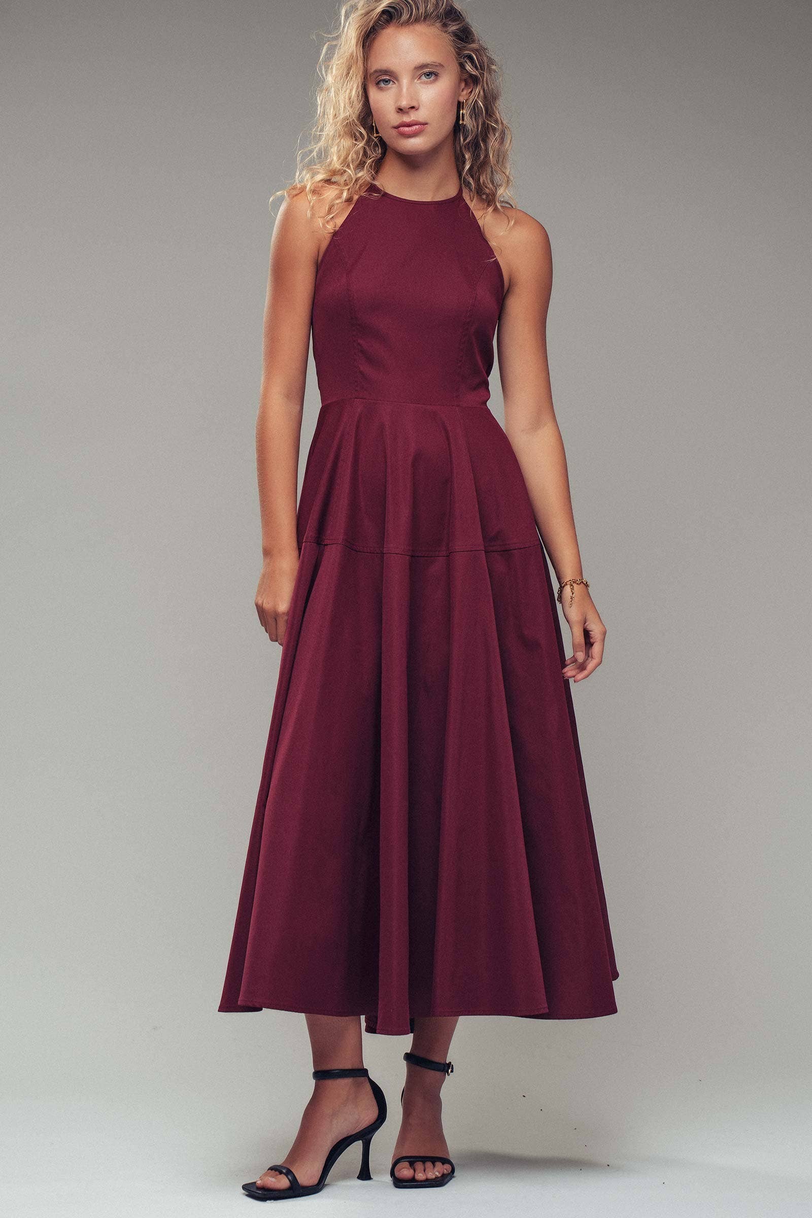 Halter Neck Smocked Back Full Skirt Midi Dress