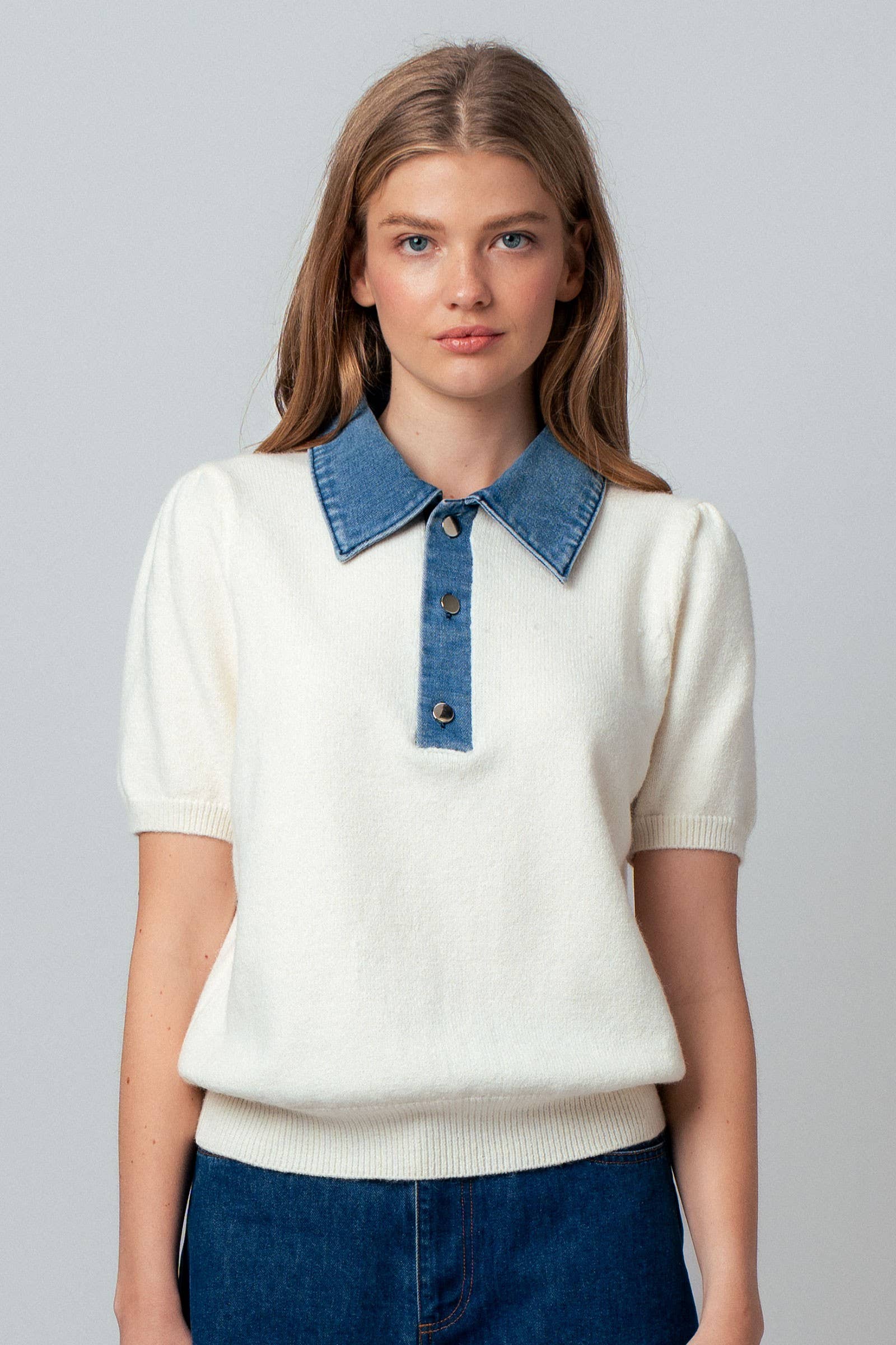 Contrast Denim Collar Knit Sweater Top