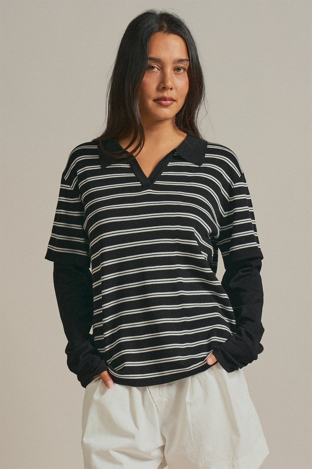 Striped Collared Layered Polo Top in BLACK - Women's Sweaters | Urban Daizy
