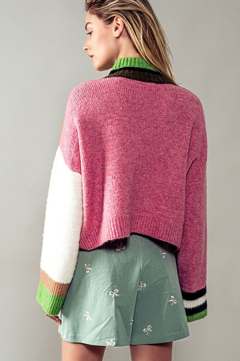 Colorblock Cropped Knit Sweater – Relaxed Boxy Fit