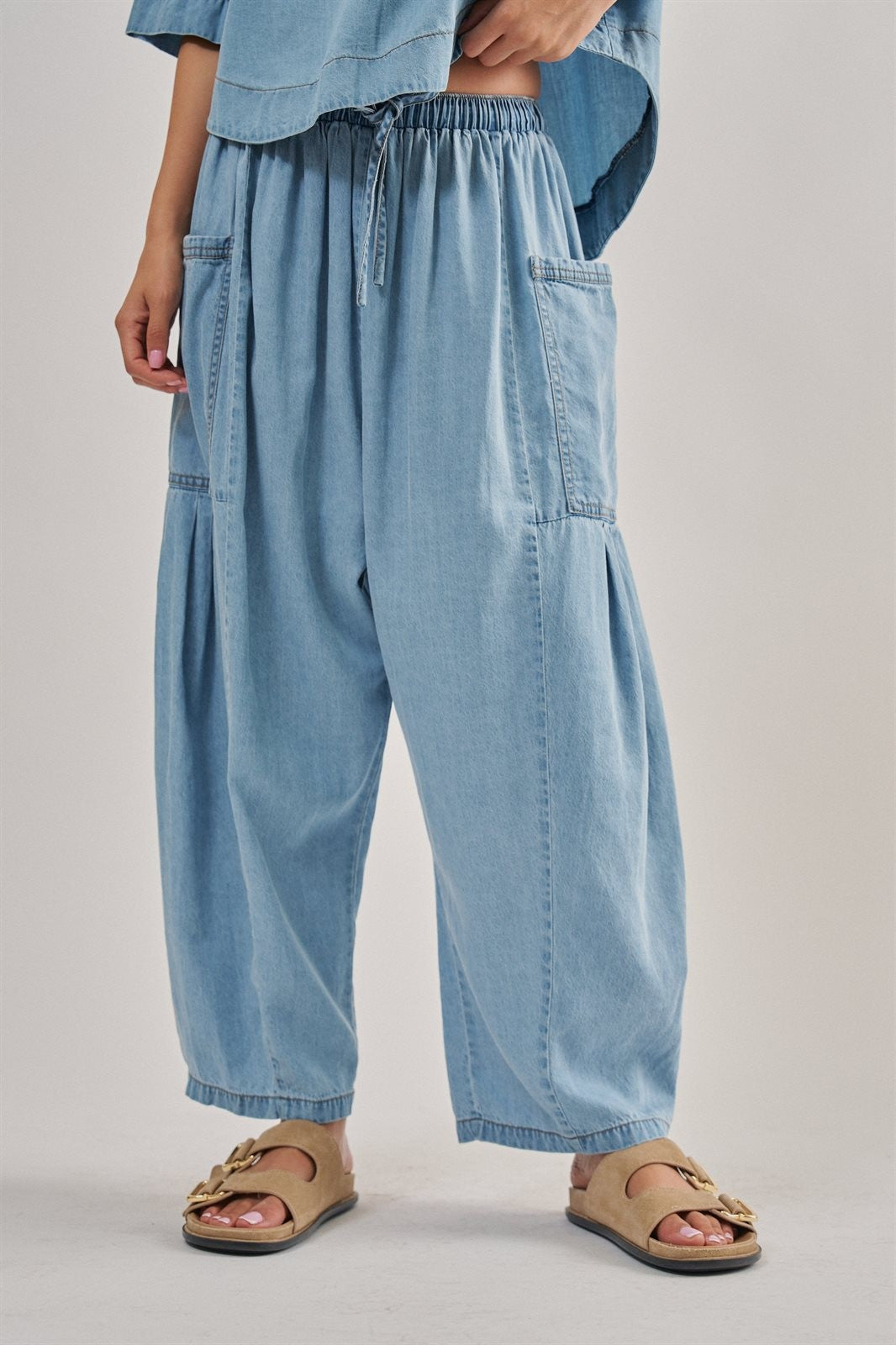 Washed Utility Wide-Leg Pants in CHAMBRAY - Women's Casual Pants | Urban Daizy