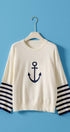 Urban Daizy Nautical Anchor Knit Top Striped Sleeve Ivory Knit Top - Women's (UDZ-TP-01047)