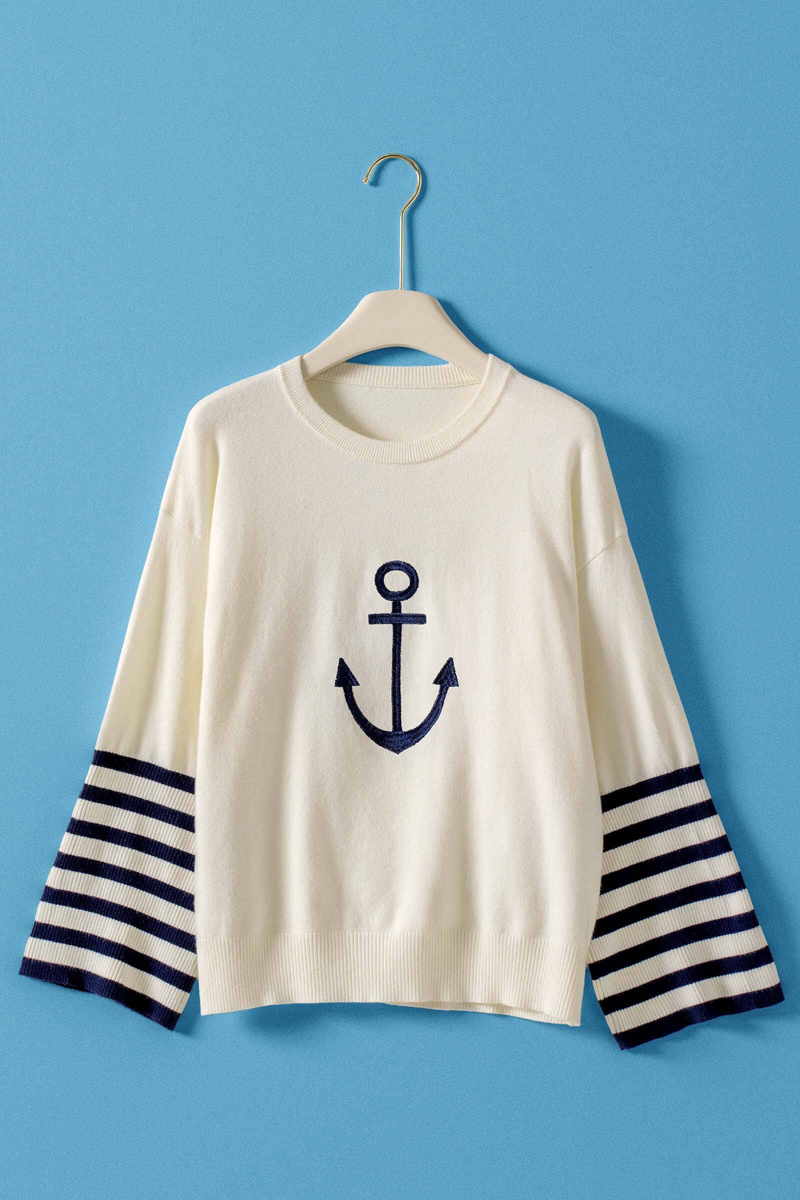 Urban Daizy Nautical Anchor Knit Top Striped Sleeve Ivory Knit Top - Women's (UDZ-TP-01047)