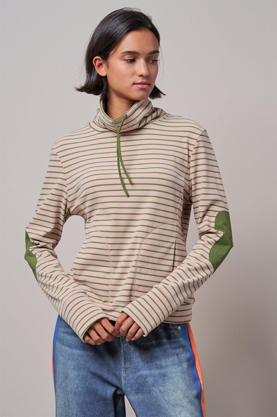 Striped Cowl Neck Drawstring Pullover Sweatshirt in PINK - Women's Sweatshirts & Hoodies | Urban Daizy
