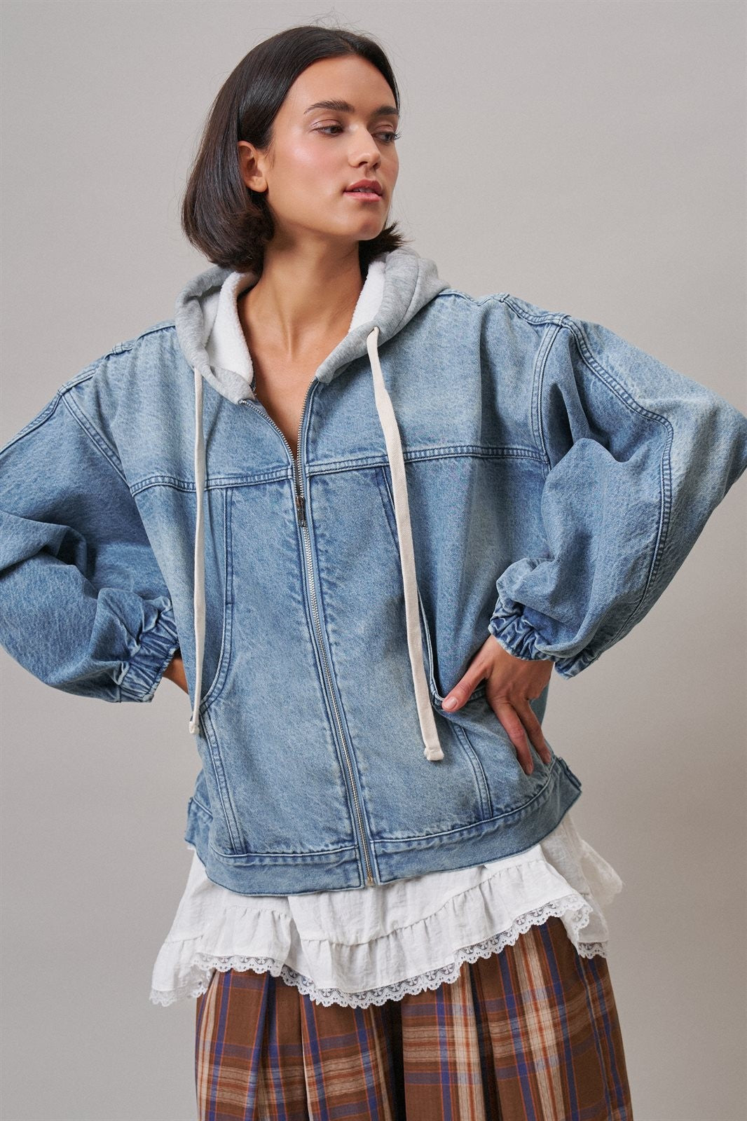 Hooded Denim Zip Up Jacket with French Terry Hood in DENIM - Women's Jackets & Blazers | Urban Daizy