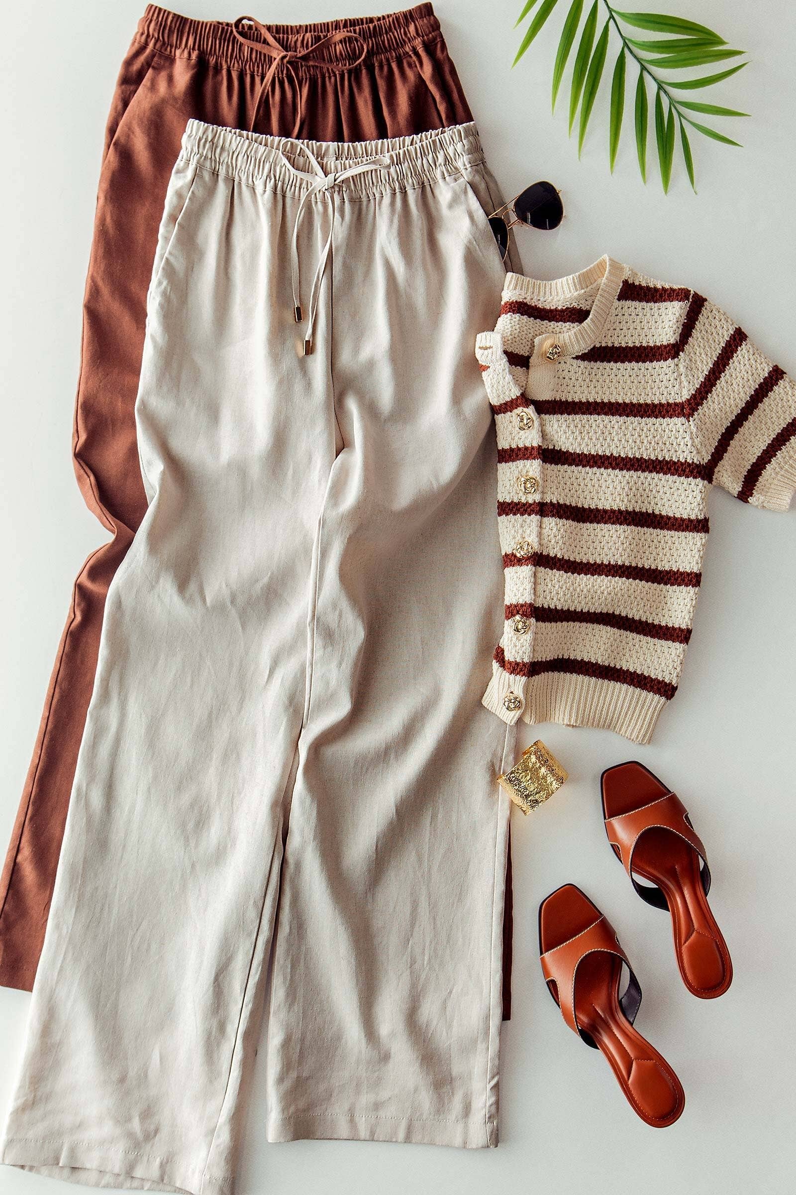 Linen Blend Wide Leg Pants Drawstring Waist