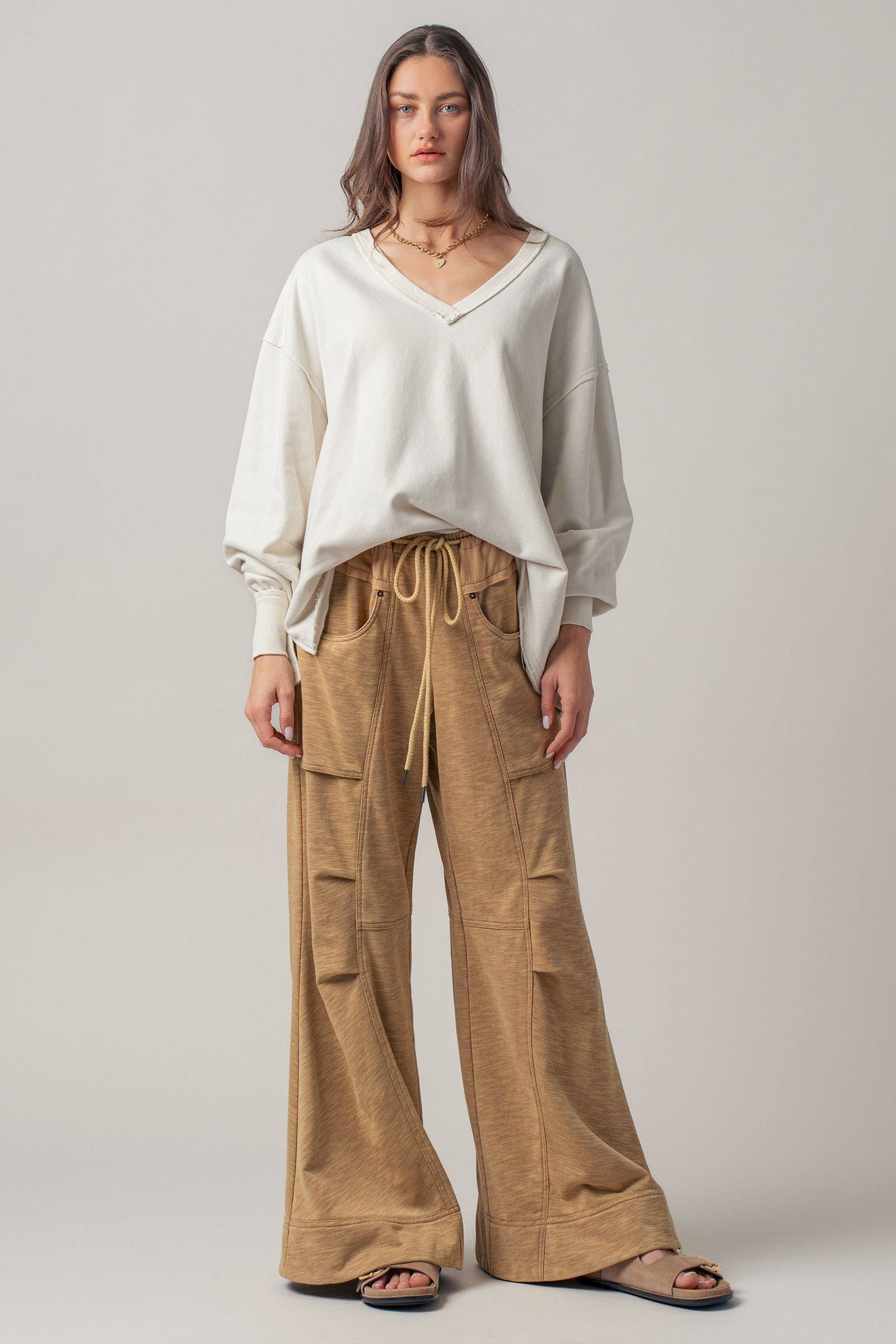 Drawstring Waist Seam Detail Wide-Leg Pants