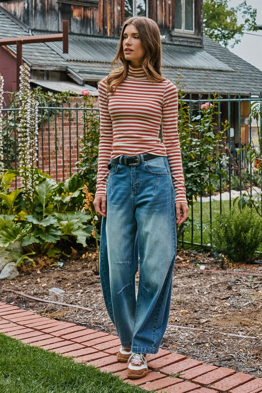 Classic Striped Long Sleeve Turtleneck Top in IVORY RUST - Women's T-Shirts & Polos | Urban Daizy