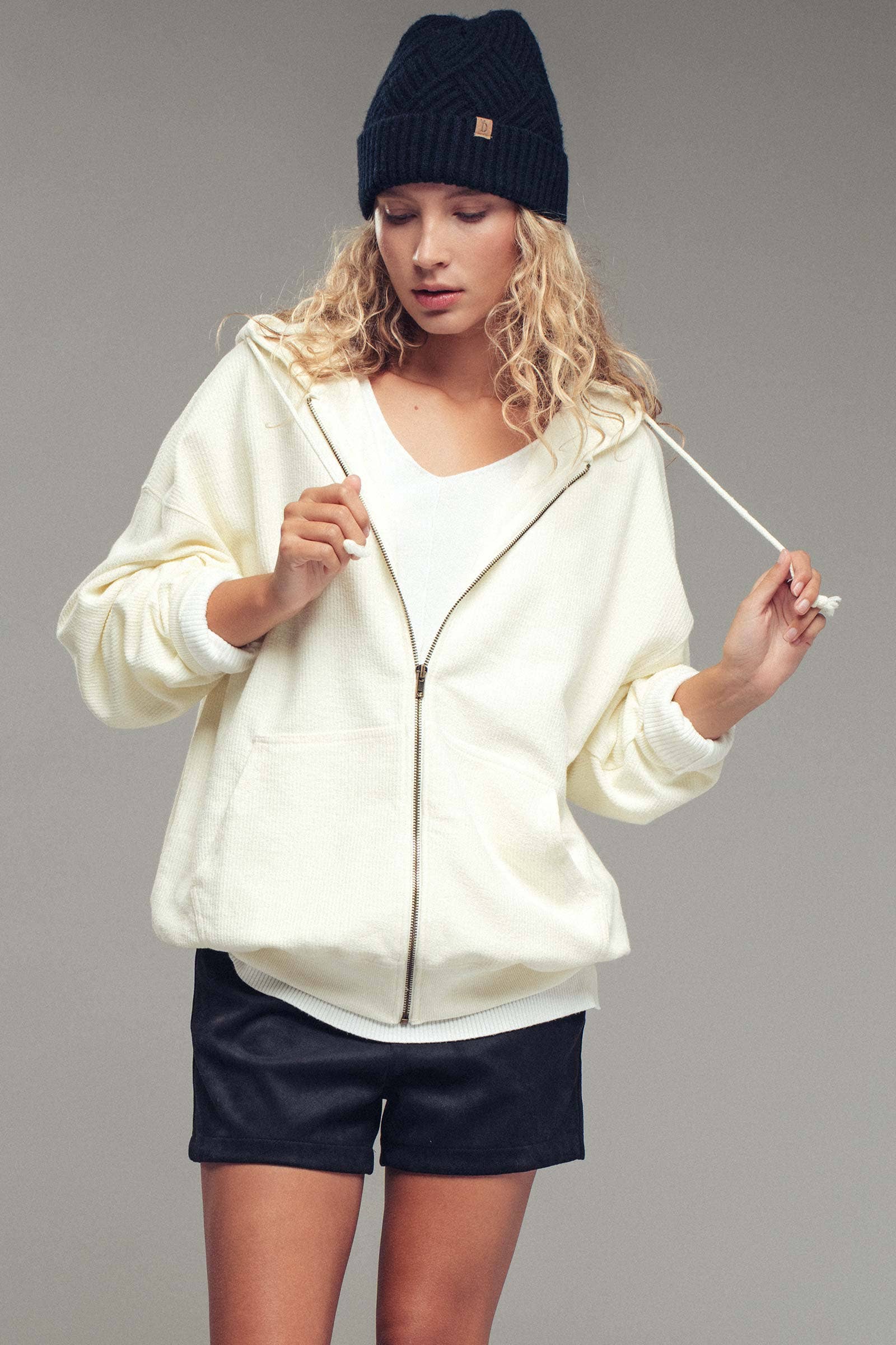Urban Daizy Oversized Ribbed Dolman Sleeve Hoodie Cream Hoodie - Women's (UDZ-KN-00313) – alternate view 8