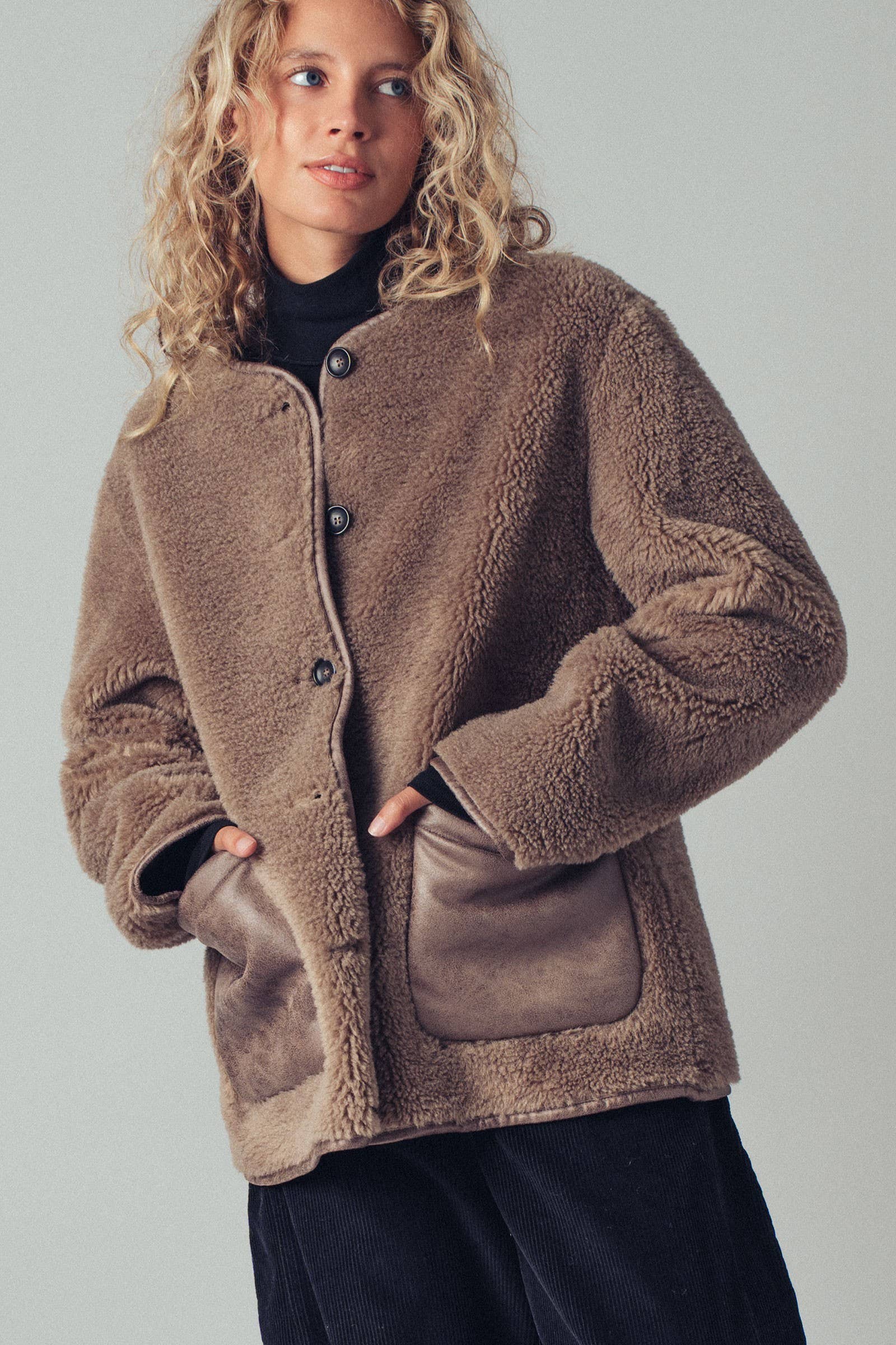 Faux Shearling Jacket with Suede Pockets