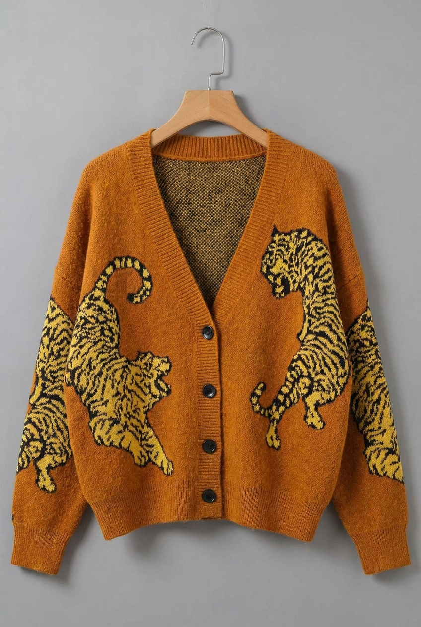 Tiger Jacquard Knit Sweater Cardigan