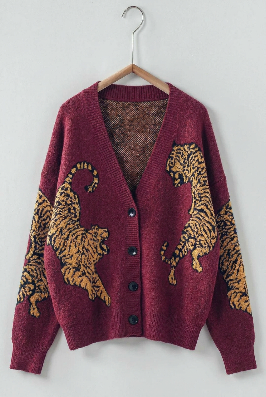 Tiger Jacquard Knit Sweater Cardigan