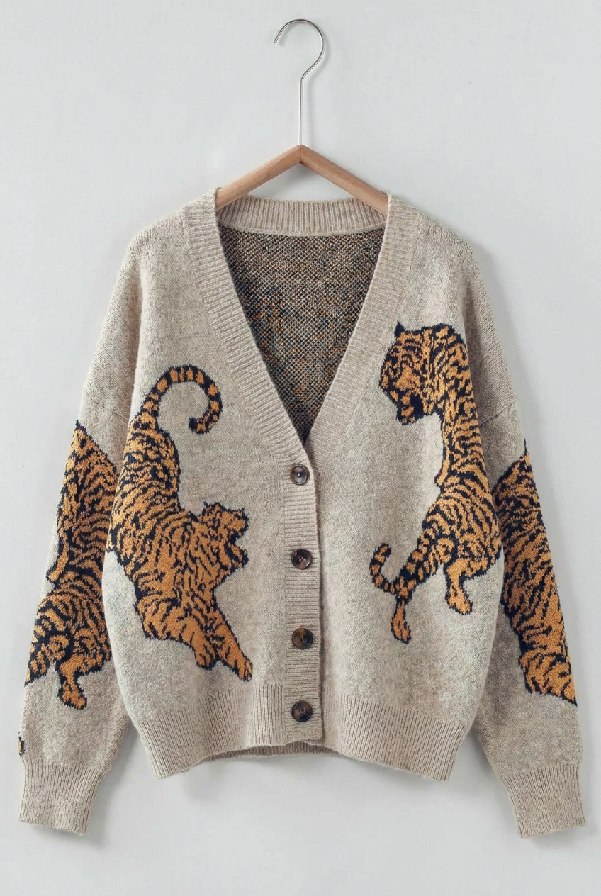 Tiger Jacquard Knit Sweater Cardigan