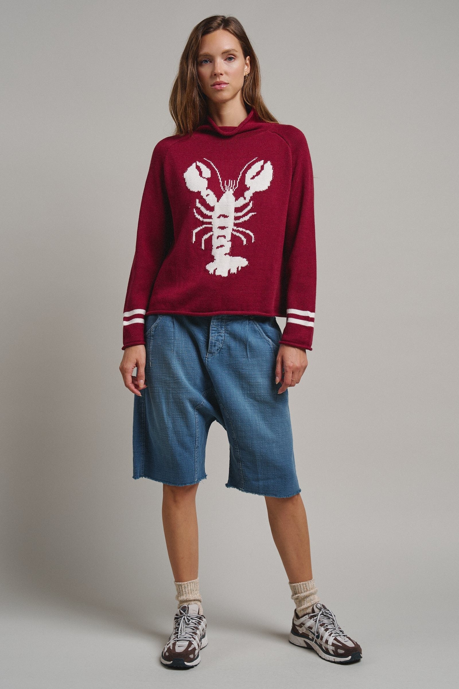 Lobster Intarsia Mock Neck Knit Sweater in BURGUNDY - Women's Sweaters | Urban Daizy