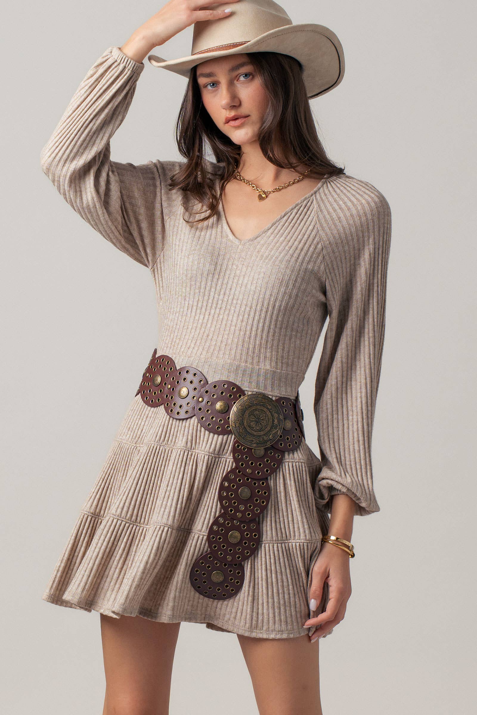 Cashmere Ribbed V-Neck Tiered Mini Dress