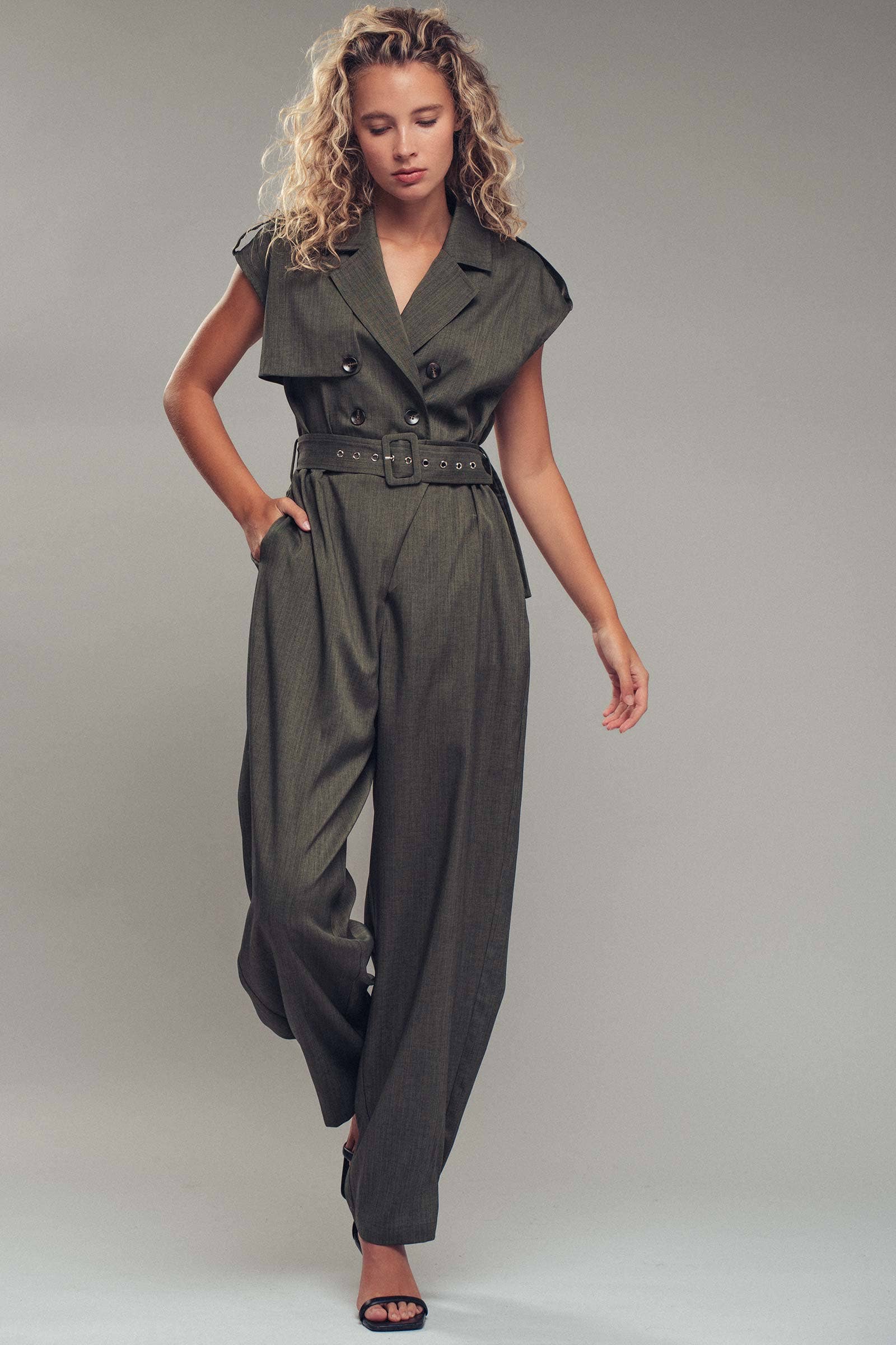 Urban Daizy Double-Breasted Belted Jumpsuit Taupe Jumpsuit - Women's (UDZ-KN-00654) – alternate view 2