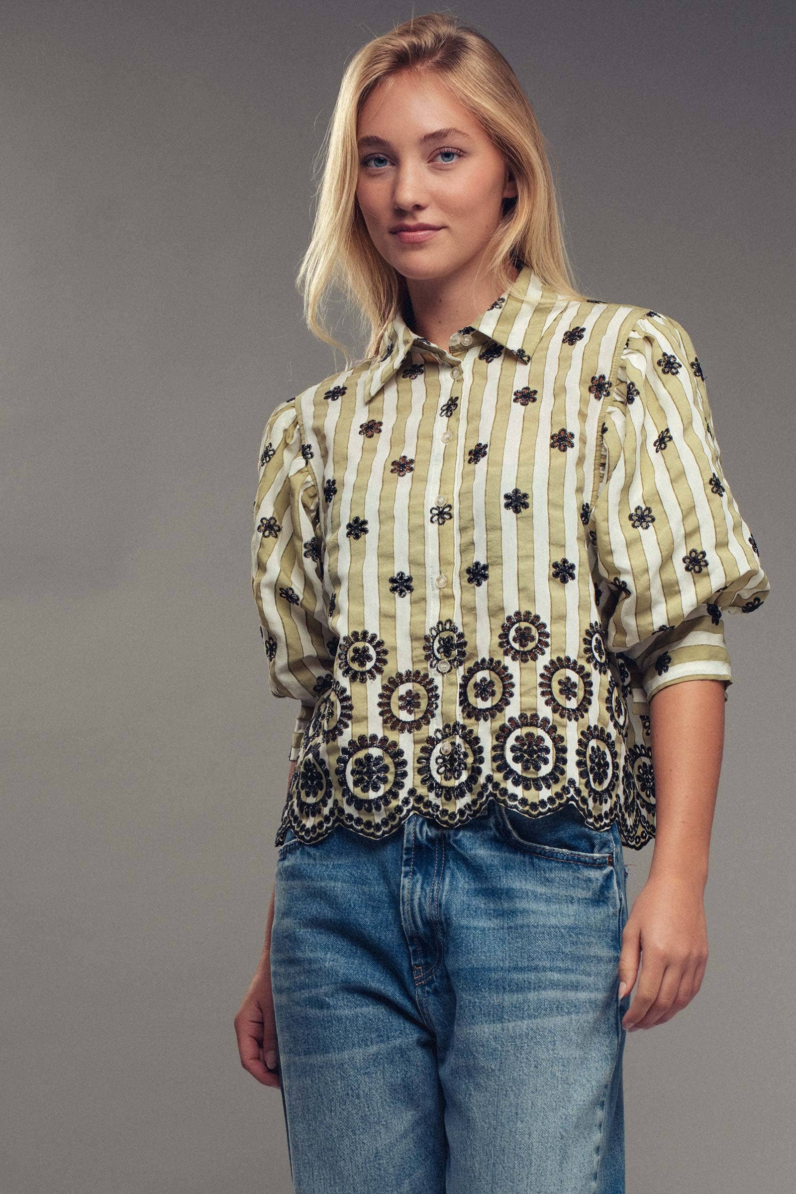 Urban Daizy Striped Floral Embroidered Scallop Blouse Olive Button Down Shirt - Women's (UDZ-TP-00953) – alternate view 19